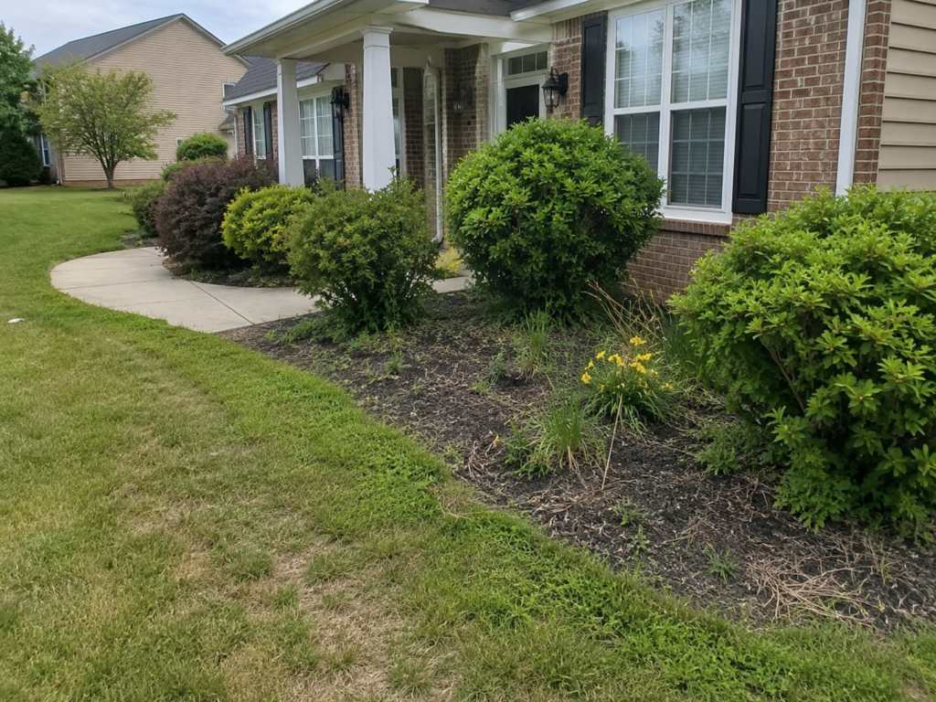 Overgrown bushes and old mulch that needs revitalizing