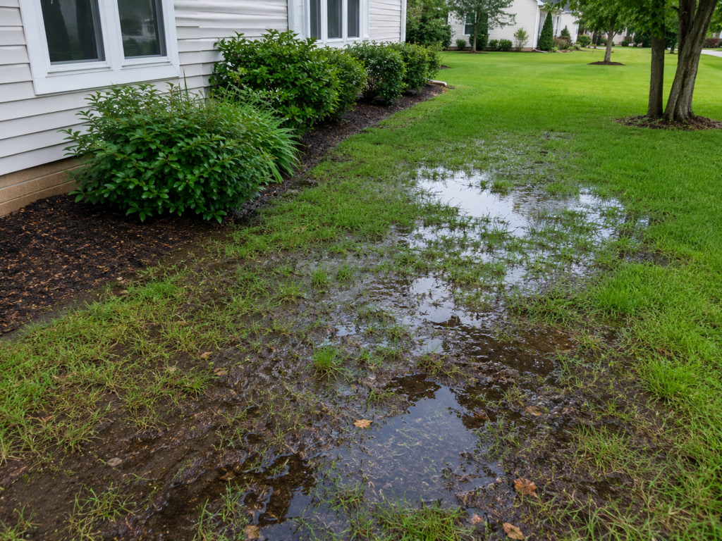 Soggy yard area with standing water before lawn drainage work