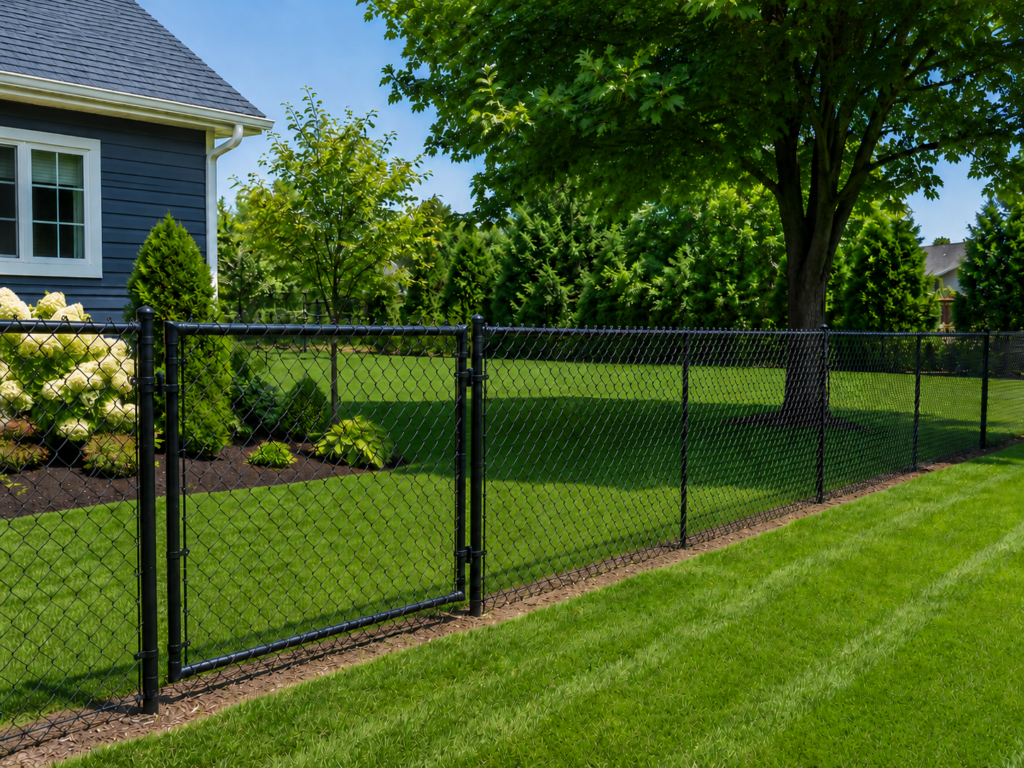 Finished black chain-link fence installation in a residential yard