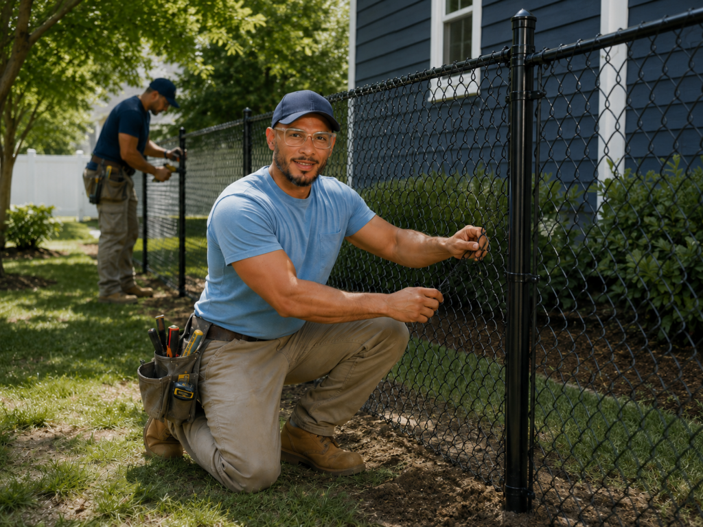 Finished chain-link fence installation with Fresh Cut installer