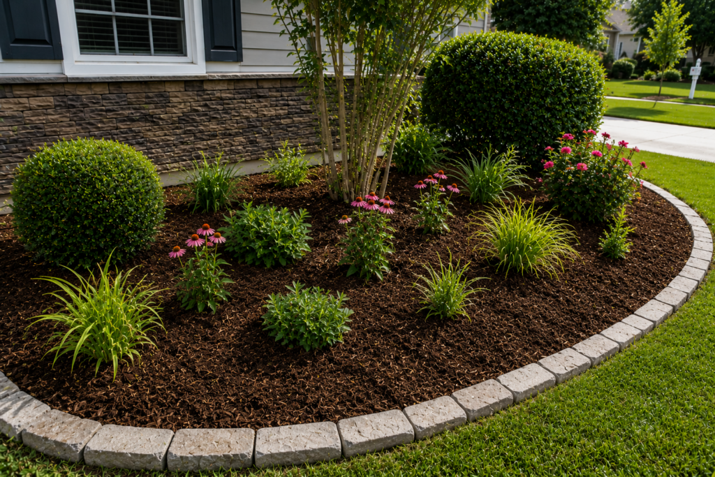 Finished flower bed with fresh mulch and clean landscaping