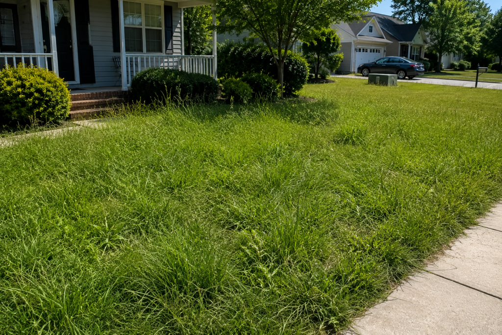 Overgrown front yard before lawn care maintenance