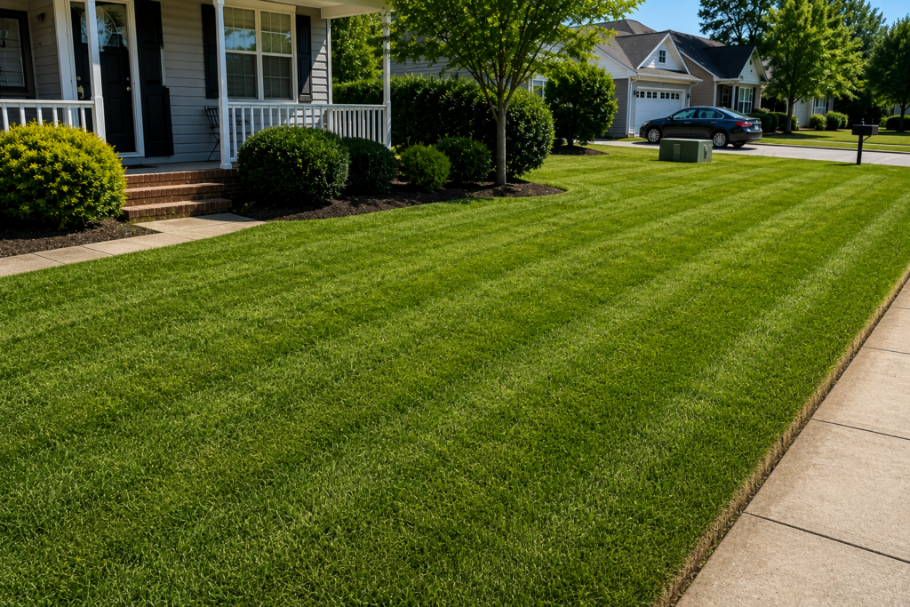 Finished lawn care maintenance with freshly mowed and edged yard.