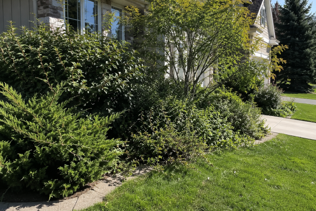 Overgrown flower bed before cleanup and fresh mulch