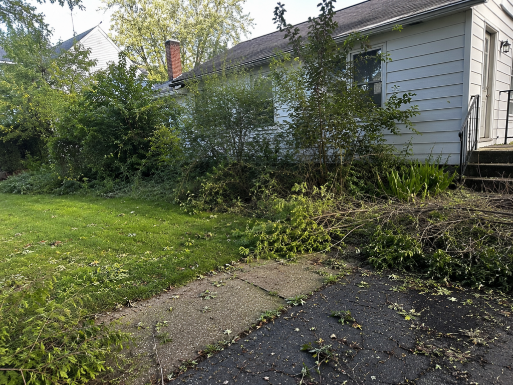 Overgrown yard area with branches, brush, and outdoor debris before removal