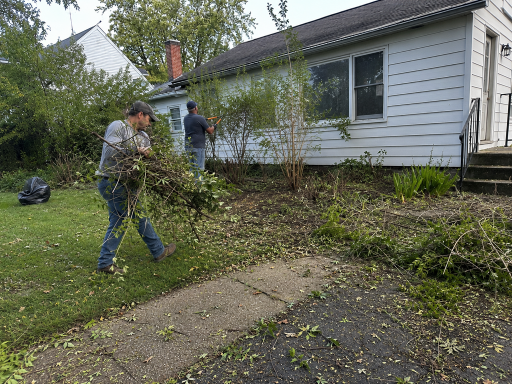 Fresh Cut team clearing branches, brush, and overgrown shrubs from a yard