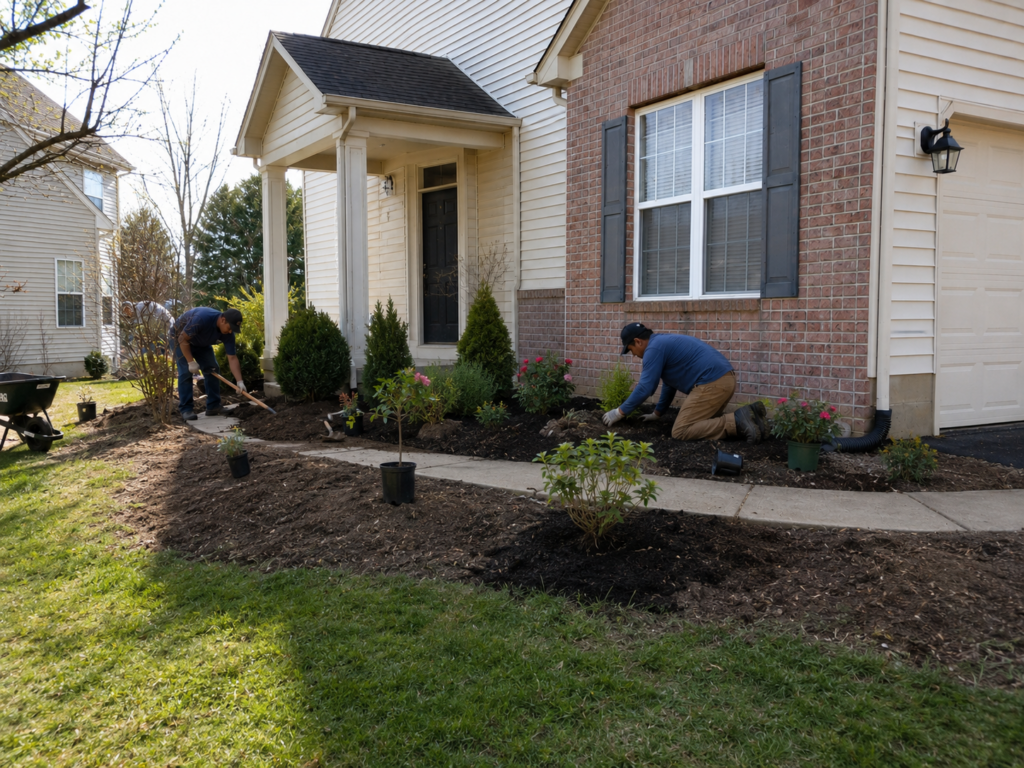 Fresh Cut team planting and preparing a front landscape bed
