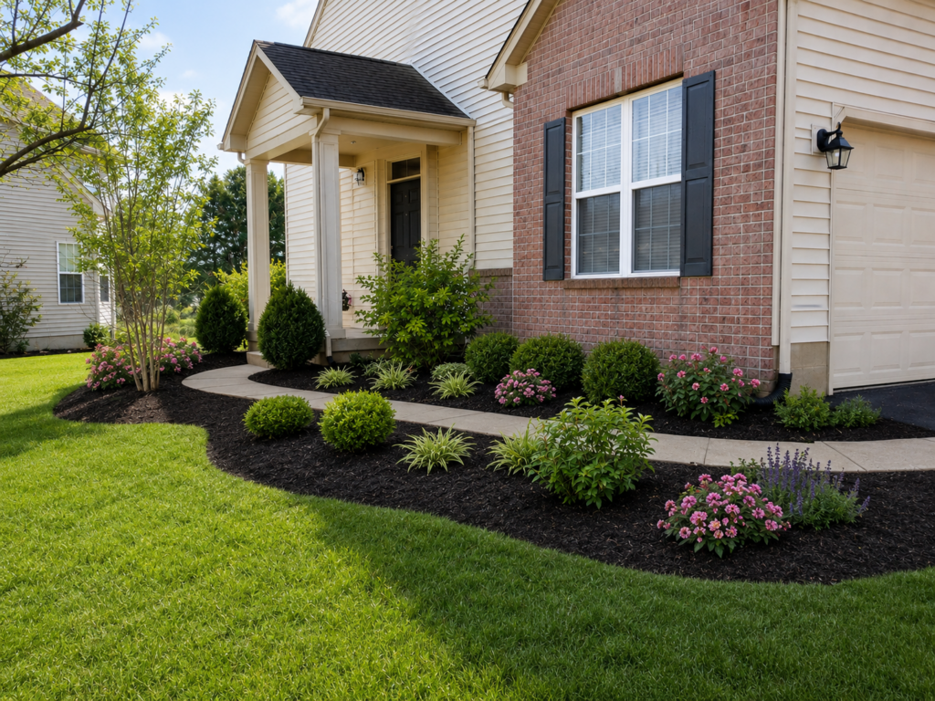 Finished landscape design with fresh mulch, plants, and clean curb appeal