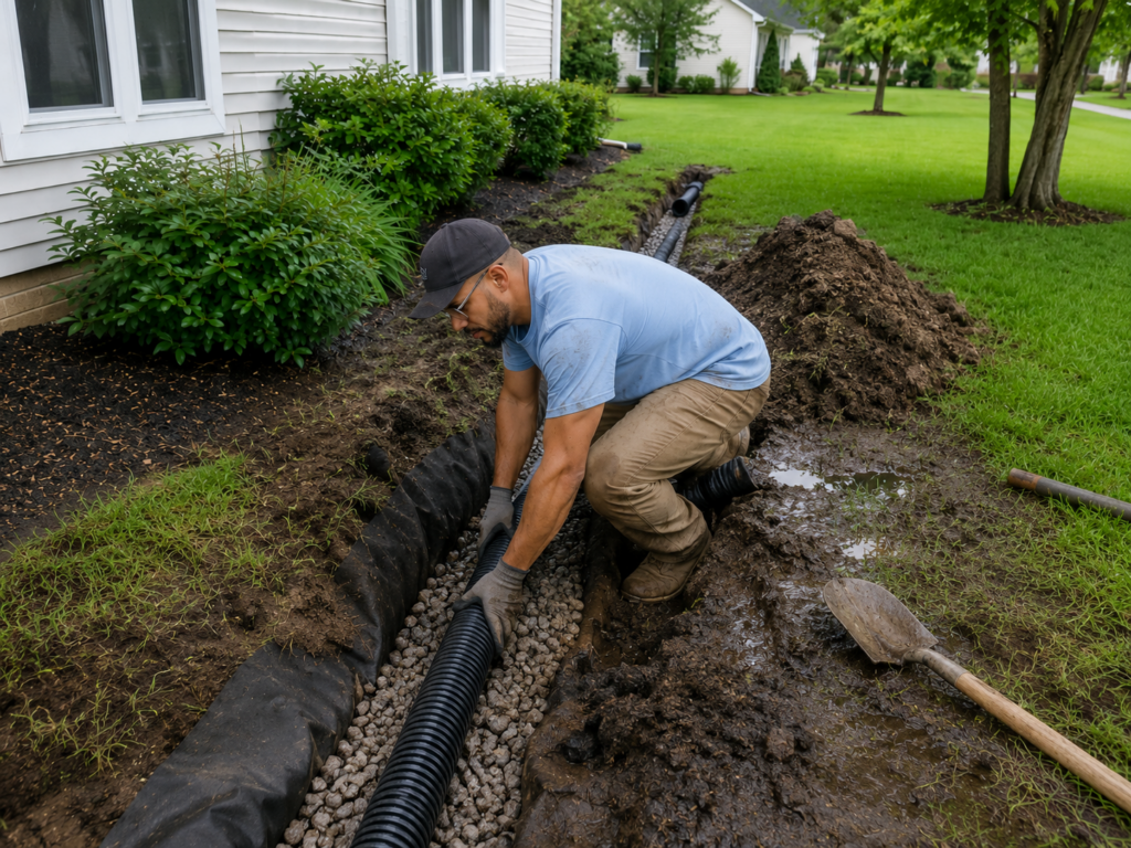 Fresh Cut team installing drainage pipe in a residential yard