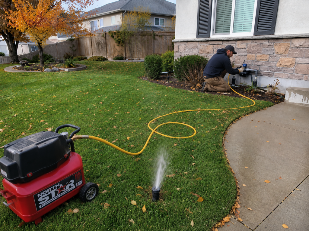 Sprinkler system winterized by blowing compressed air to remove all of the water