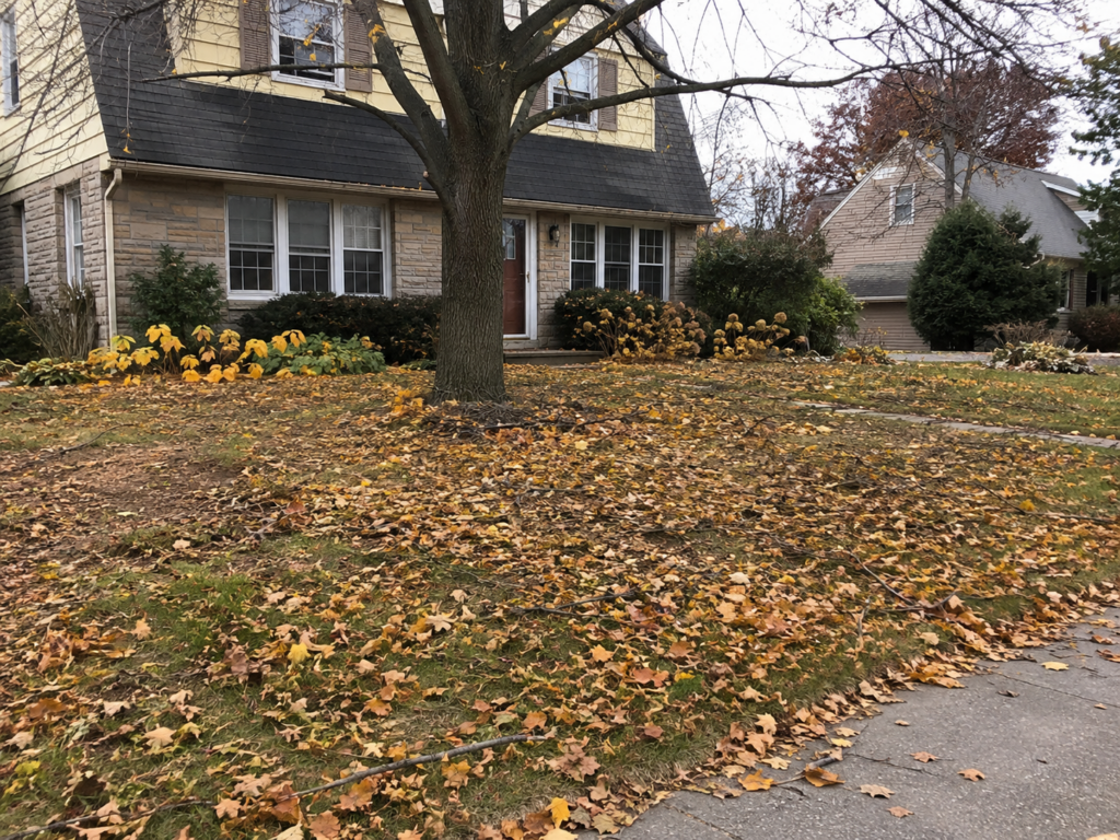 Yard covered with leaves and seasonal debris before cleanup