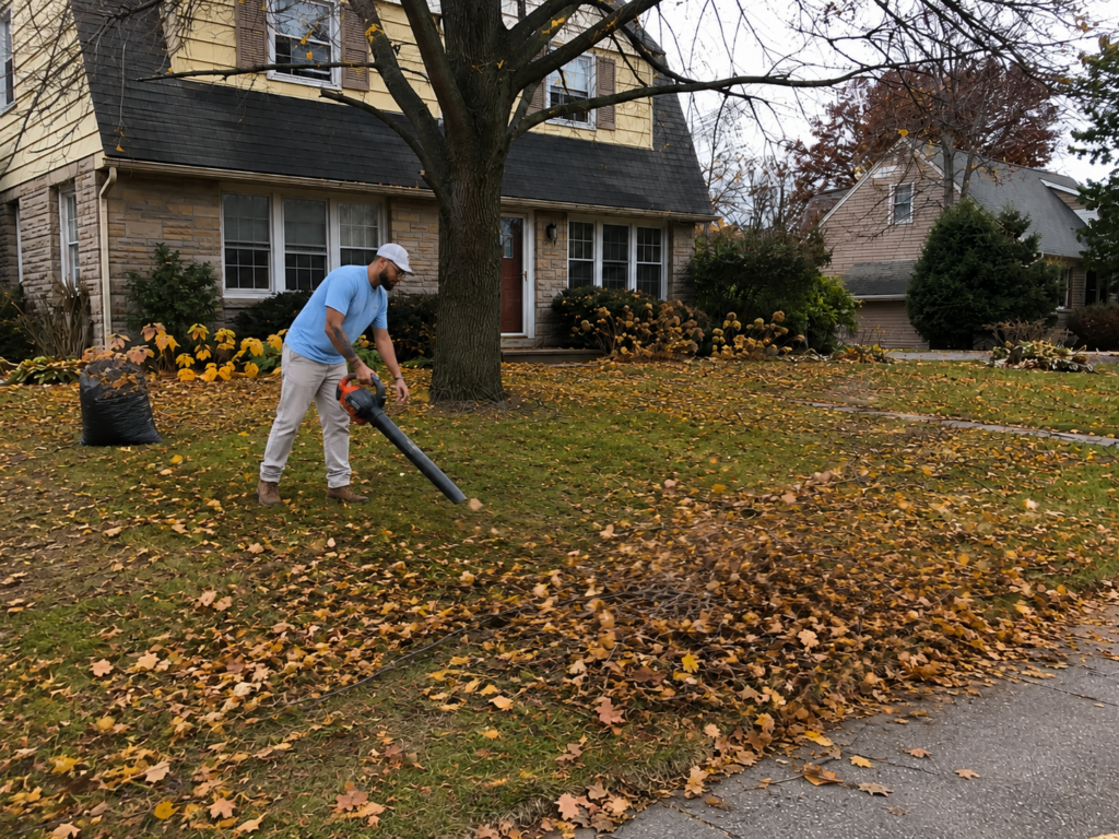 Fresh Cut team clearing leaves and debris from a residential yard