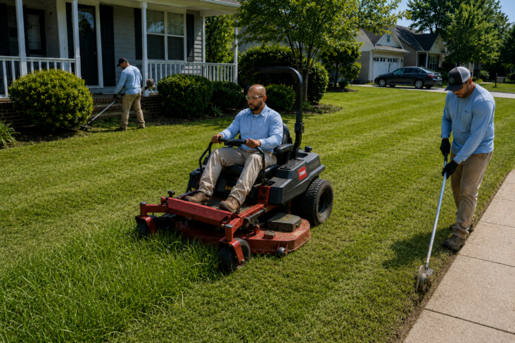 Fresh Cut team mowing, trimming, and edging a residential lawn.
