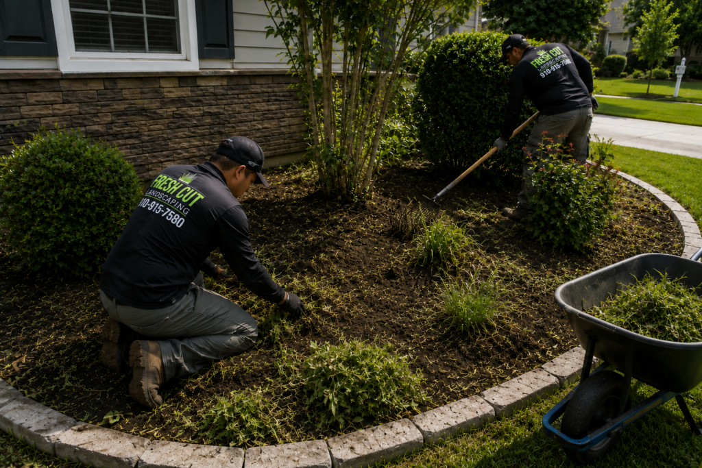 Fresh Cut team cleaning and preparing a flower bed for mulch