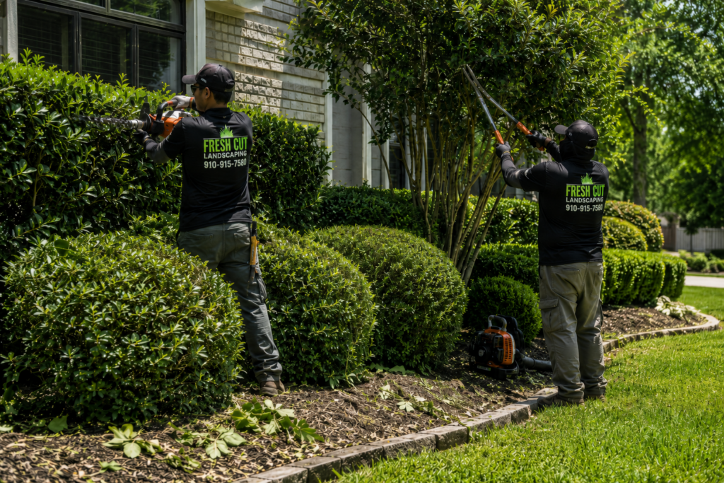 Fresh Cut team cleaning and preparing a flower bed for mulch